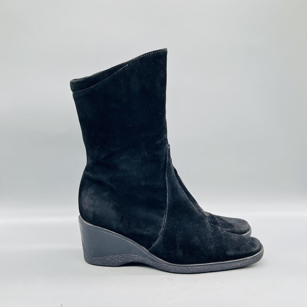 Aquatalia Boots Womens 8 Black Suede Mid Calf Wedge Zip Winter Booties Shoes